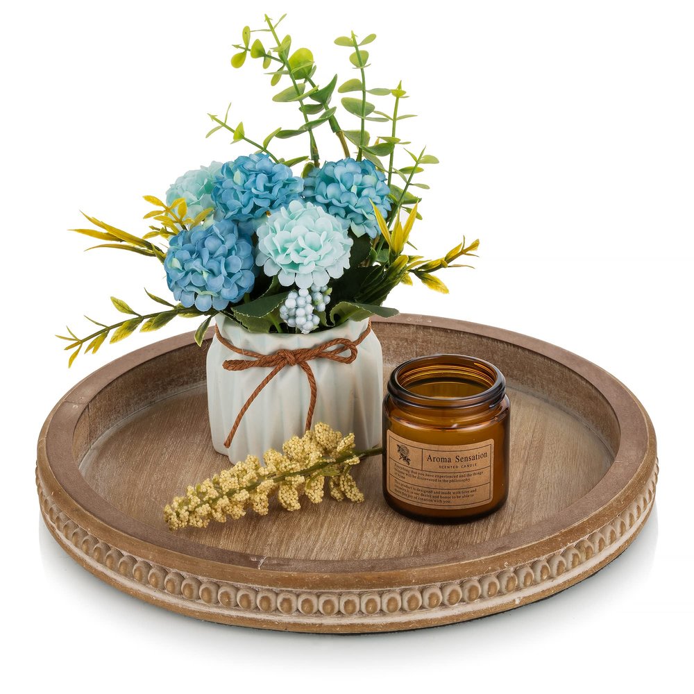 Hanobe Round Wooden Tray Decor: Decorative Candle Plate Holder Tray for Coffee Table - Rustic Farmhouse Table Centerpiece for Home Living Room Kitchen Counter(Brown)