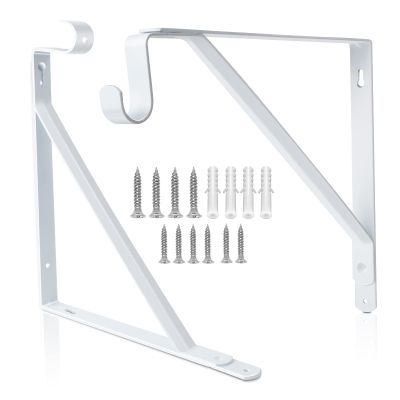 Closet Rod Bracket, Heavy Duty Shelf Bracket with Rod Holder, 10.9X 10.2 inch White Closet Rod Support Wall Mounted Clothes Hanger Pole Support Hooks, 2 Pack