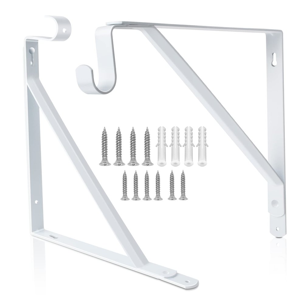 Closet Rod Bracket, Heavy Duty Shelf Bracket with Rod Holder, 10.9X 10.2 inch White Closet Rod Support Wall Mounted Clothes Hanger Pole Support Hooks, 2 Pack