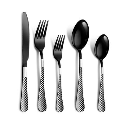 30 Piece Black Flatware Set for 6 Durable Stainless Steel Floral Silverware Sets With Check Pattern Kitchen Wedding Restaurant Cutlery Utensil Mirror Polished Forks Spoons Knifes Tableware Set