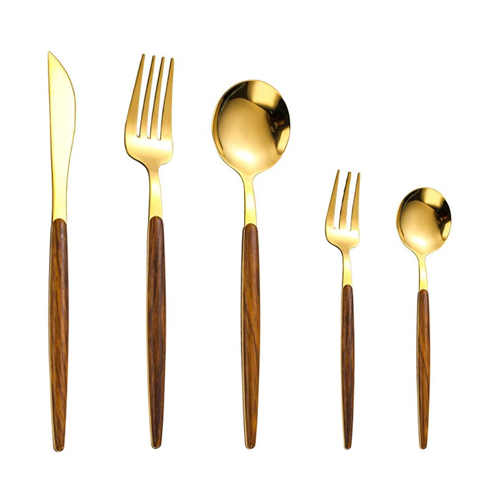 40 Piece Wooden Gold Flatware Set for 8 With Wood Handle Stainless Steel Silverware Sets Kitchen Wedding Restaurant Cutlery Utensil Forks Spoons Knifes Set Exquisite and Light Luxury Tableware