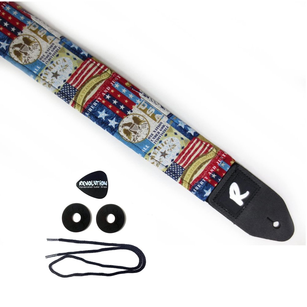 American Flag Guitar Strap, USA, Genuine Leather Ends, Includes 2 Strap Locks & 1 Pick. Adjustable Strap, For Bass, Electric & Acoustic Guitars Gift for Guitar Players Men, Women & Kids