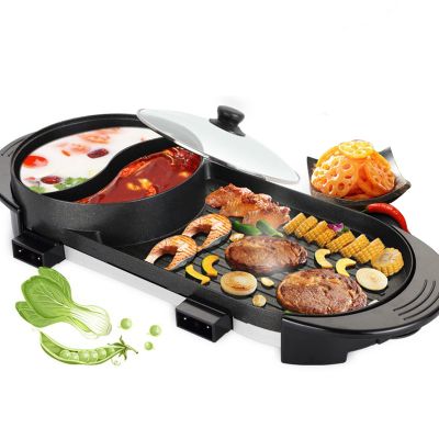 SNKOURIN Electric Grill and Hot Pot,2 in 1 Multi-functional Indoor Smokeless Korean BBQ Grill Teppanyaki Hot Pot with Independent Dual Temperature Control,2-8 People Capacity,110V