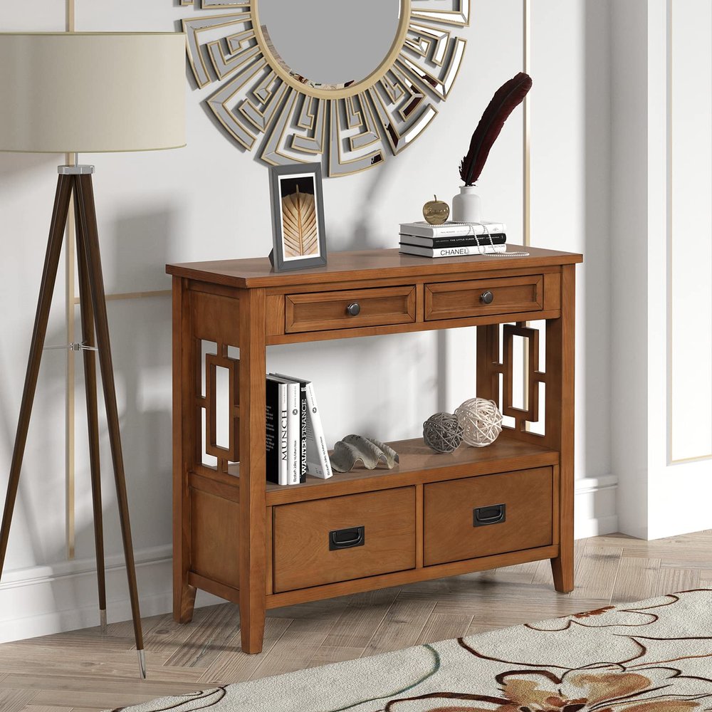 36'' Farmhouse Pine Wood Console Table Entry Sofa Table with 4 Drawers & 1 Storage Shelf, Classic Accent Table for Entryway Living Room Bedroom Hallway Kitchen, Easy Assembly (Brown)