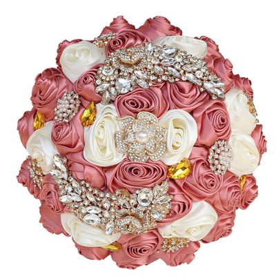 8.3" Handmade Satin Rose Bridal Bouquet Toss Round Wedding Bouquet Throw Toss Artificial Flower Bunch Shimmering Blush Pink + Ivory
