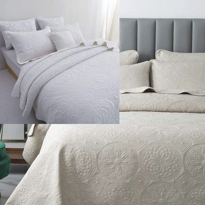 Brandream 6PC Luxury Quilt Bedding Set Cotton Beige King Size Quilted Comforter Set Farmhouse Queen Size Coverlet Set
