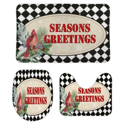3 Pieces Christmas Season's Greetings Red Bird Black and White Check Bathroom Rug Set Soft Foam Non Slip Bath Mats Sets Toilet Contour Mat Lid Cover for Bathtub Shower and Bathroom Decor 20"x32"