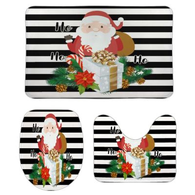 3 Pieces Christmas Santa with Gift Ho Ho Black and White Stripe Pattern Bathroom Rug Set Soft Foam Non Slip Bath Mats Sets Toilet Contour Mat Lid Cover for Bathtub Shower and Bathroom Decor 20"x32"