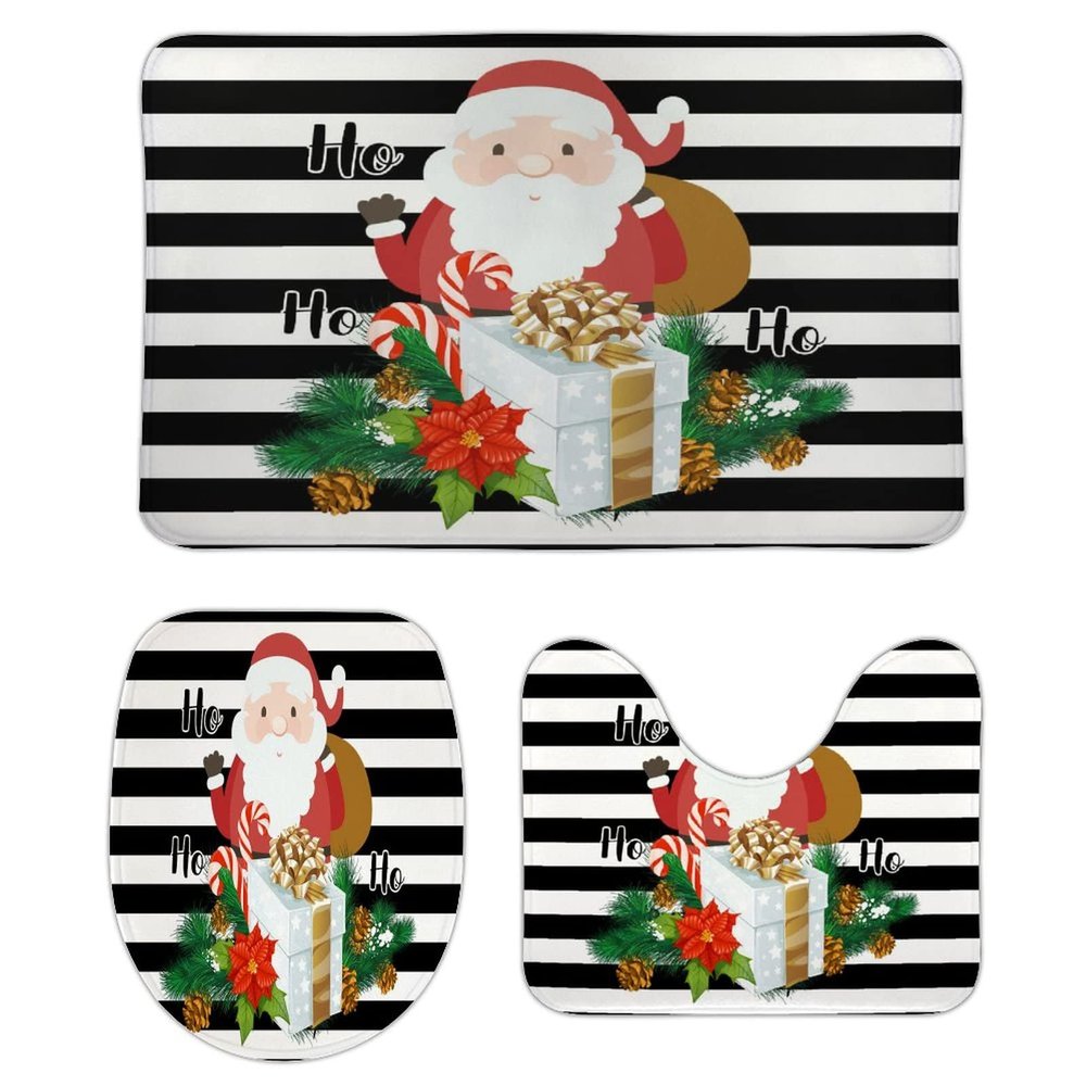 3 Pieces Christmas Santa with Gift Ho Ho Black and White Stripe Pattern Bathroom Rug Set Soft Foam Non Slip Bath Mats Sets Toilet Contour Mat Lid Cover for Bathtub Shower and Bathroom Decor 20"x32"