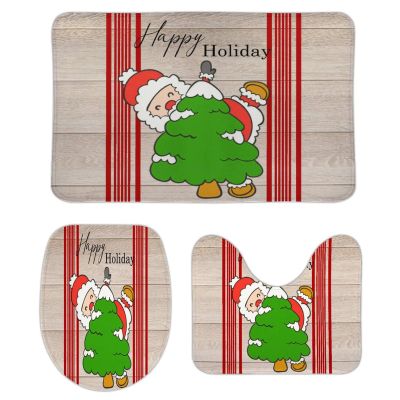 3 Pieces Happy Christmas Holiday Santa Claus Rustic Wood Background Red Bathroom Rug Set Soft Foam Non Slip Bath Mats Sets Toilet Contour Mat Lid Cover for Bathtub Shower and Bathroom Decor 20"x32"