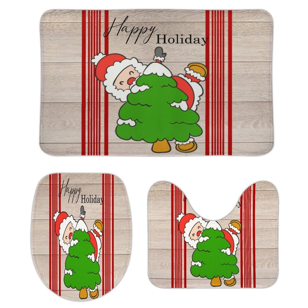 3 Pieces Happy Christmas Holiday Santa Claus Rustic Wood Background Red Bathroom Rug Set Soft Foam Non Slip Bath Mats Sets Toilet Contour Mat Lid Cover for Bathtub Shower and Bathroom Decor 20"x32"