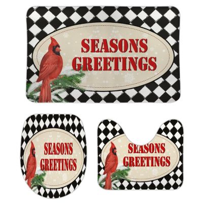 3 Pieces Christmas Season's Greetings Red Bird Black and White Check Bathroom Rug Set Soft Foam Non Slip Bath Mats Sets Toilet Contour Mat Lid Cover for Bathtub Shower and Bathroom Decor 20"x30"