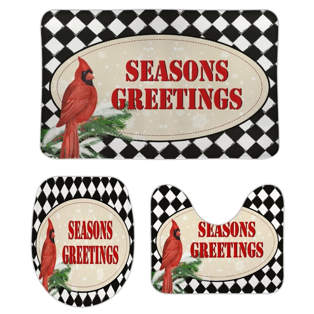 3 Pieces Christmas Season's Greetings Red Bird Black and White Check Bathroom Rug Set Soft Foam Non Slip Bath Mats Sets Toilet Contour Mat Lid Cover for Bathtub Shower and Bathroom Decor 20"x30"
