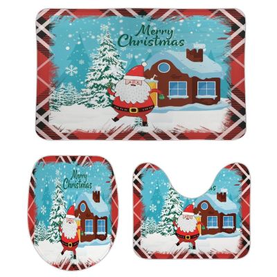 3 Pieces Happy Christmas Santa Claus Holiday Buffalo Plaid Pattern Bathroom Rug Set Soft Foam Non Slip Bath Mats Sets Toilet Contour Mat Lid Cover for Bathtub Shower and Bathroom Decor 20"x32"