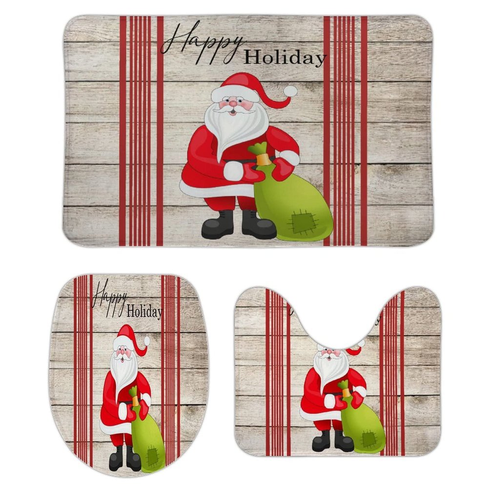 3 Pieces Happy Christmas Holiday Santa Claus Rustic Wood Background Red Bathroom Rug Set Soft Foam Non Slip Bath Mats Sets Toilet Contour Mat Lid Cover for Bathtub Shower and Bathroom Decor 20"x30"