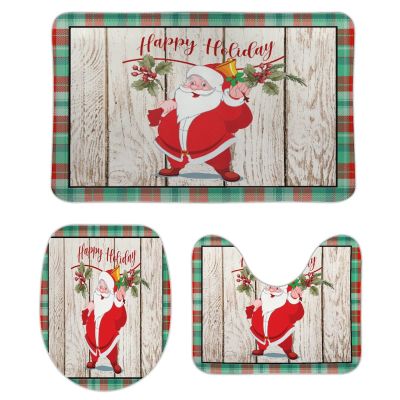 3 Pieces Happy Christmas Santa Tartan Plaid Holiday Festive Barn Wood Bathroom Rug Set Soft Foam Non Slip Bath Mats Sets Toilet Contour Mat Lid Cover for Bathtub Shower and Bathroom Decor 20"x30"