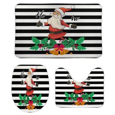 3 Pieces Christmas Santa with Gift Ho Ho Black and White Stripe Pattern Bathroom Rug Set Soft Foam Non Slip Bath Mats Sets Toilet Contour Mat Lid Cover for Bathtub Shower and Bathroom Decor 20"x30"