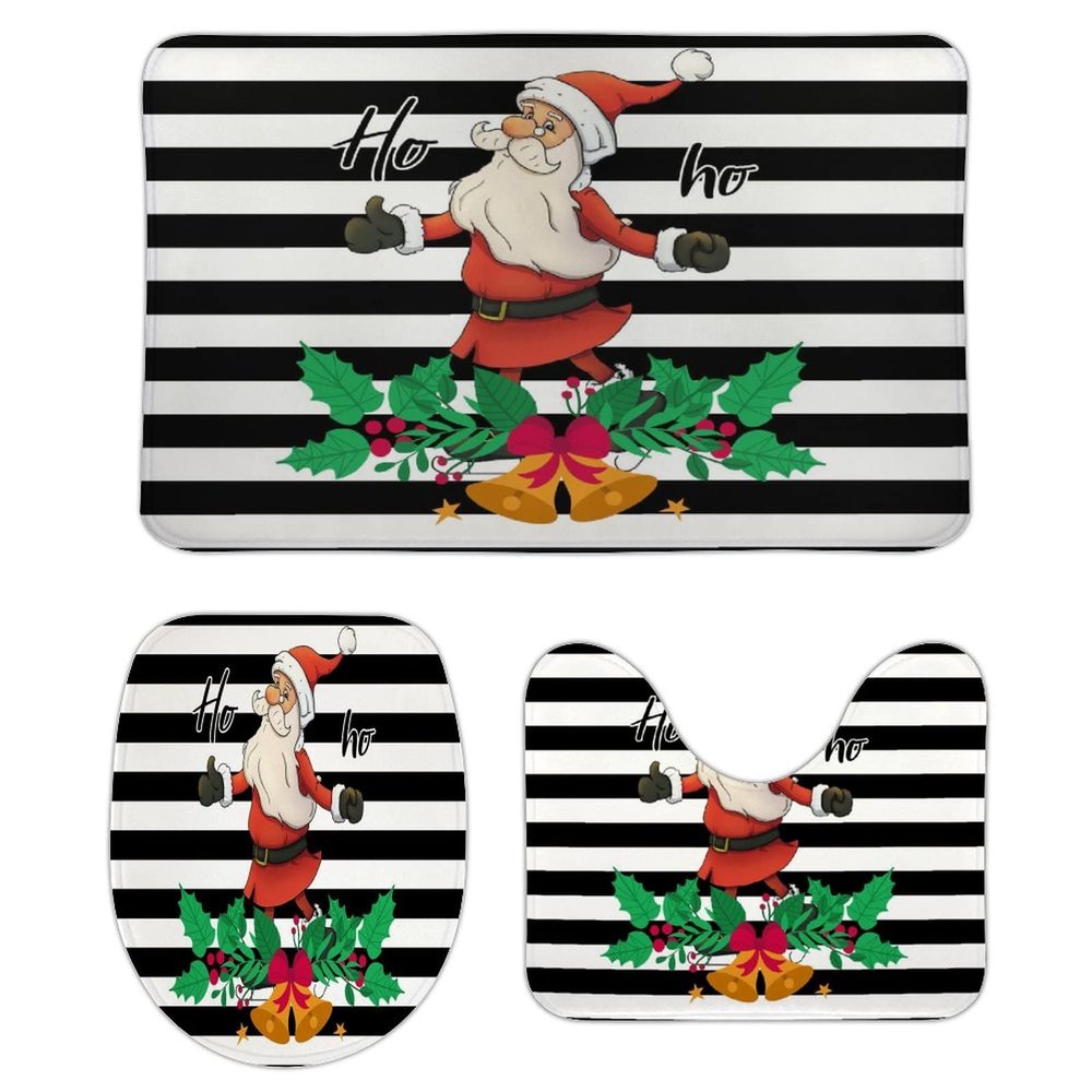 3 Pieces Christmas Santa with Gift Ho Ho Black and White Stripe Pattern Bathroom Rug Set Soft Foam Non Slip Bath Mats Sets Toilet Contour Mat Lid Cover for Bathtub Shower and Bathroom Decor 20"x30"