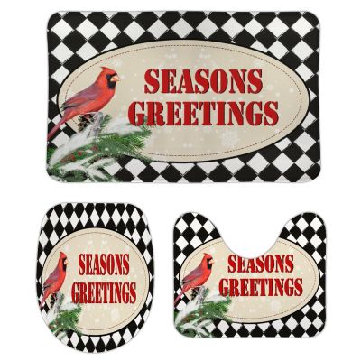 3 Pieces Christmas Season's Greetings Red Bird Black and White Check Bathroom Rug Set Soft Foam Non Slip Bath Mats Sets Toilet Contour Mat Lid Cover for Bathtub Shower and Bathroom Decor 20"x32"