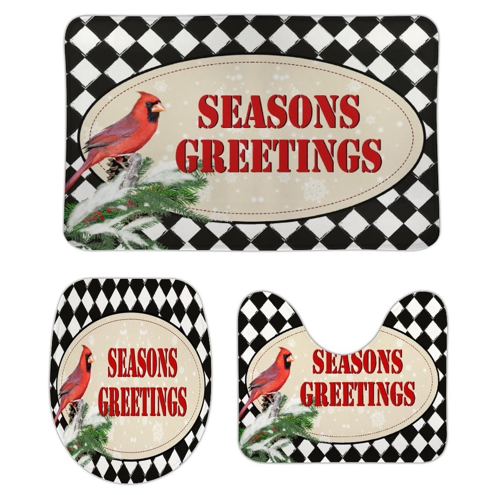 3 Pieces Christmas Season's Greetings Red Bird Black and White Check Bathroom Rug Set Soft Foam Non Slip Bath Mats Sets Toilet Contour Mat Lid Cover for Bathtub Shower and Bathroom Decor 20"x32"