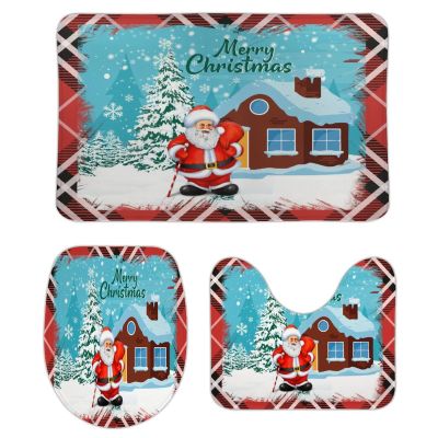 3 Pieces Happy Christmas Santa Claus Holiday Buffalo Plaid Pattern Bathroom Rug Set Soft Foam Non Slip Bath Mats Sets Toilet Contour Mat Lid Cover for Bathtub Shower and Bathroom Decor 20"x32"