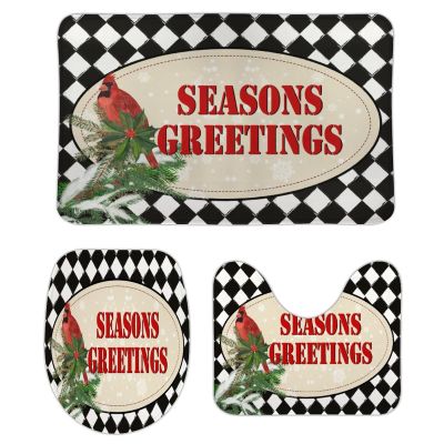 3 Pieces Christmas Season's Greetings Red Bird Black and White Check Bathroom Rug Set Soft Foam Non Slip Bath Mats Sets Toilet Contour Mat Lid Cover for Bathtub Shower and Bathroom Decor 20"x32"