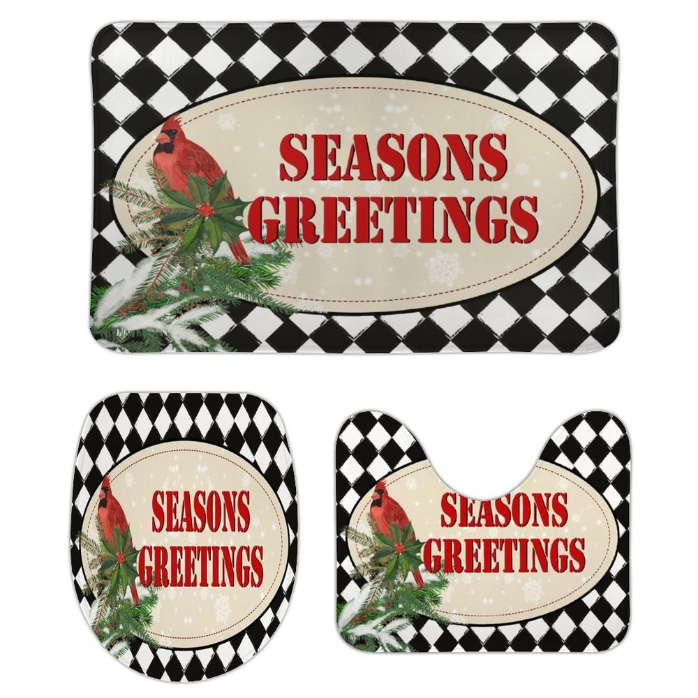 3 Pieces Christmas Season's Greetings Red Bird Black and White Check Bathroom Rug Set Soft Foam Non Slip Bath Mats Sets Toilet Contour Mat Lid Cover for Bathtub Shower and Bathroom Decor 20"x32"
