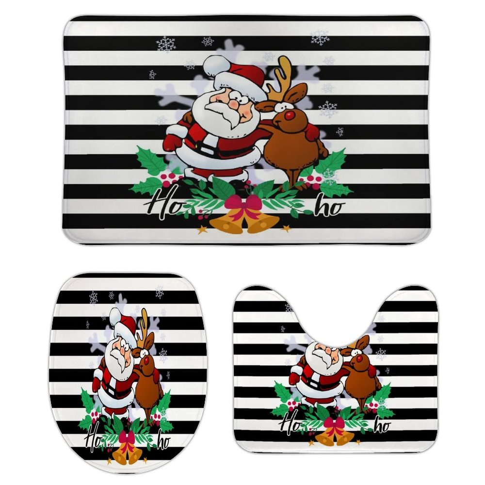 3 Pieces Christmas Santa with Gift Ho Ho Black and White Stripe Pattern Bathroom Rug Set Soft Foam Non Slip Bath Mats Sets Toilet Contour Mat Lid Cover for Bathtub Shower and Bathroom Decor 20"x30"