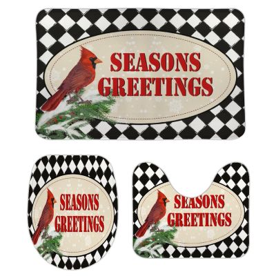 3 Pieces Christmas Season's Greetings Red Bird Black and White Check Bathroom Rug Set Soft Foam Non Slip Bath Mats Sets Toilet Contour Mat Lid Cover for Bathtub Shower and Bathroom Decor 20"x30"