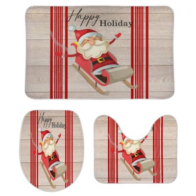 3 Pieces Happy Christmas Holiday Santa Claus Rustic Wood Background Red Bathroom Rug Set Soft Foam Non Slip Bath Mats Sets Toilet Contour Mat Lid Cover for Bathtub Shower and Bathroom Decor 20"x30"