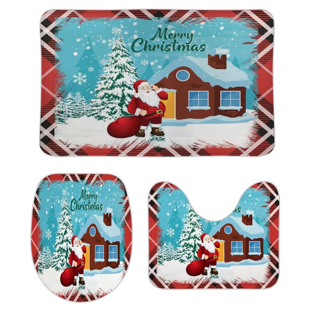 3 Pieces Happy Christmas Santa Claus Holiday Buffalo Plaid Pattern Bathroom Rug Set Soft Foam Non Slip Bath Mats Sets Toilet Contour Mat Lid Cover for Bathtub Shower and Bathroom Decor 20"x32"