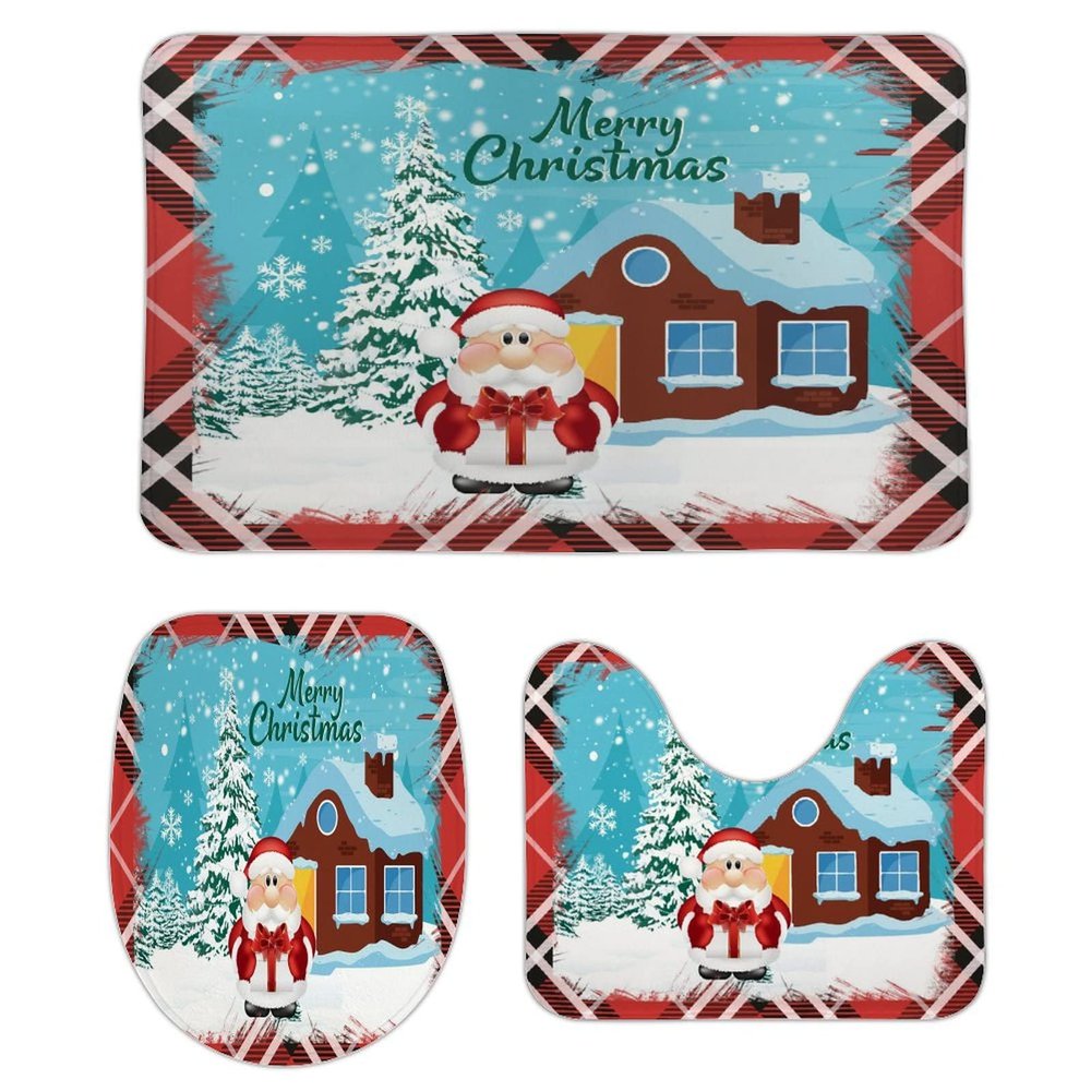3 Pieces Happy Christmas Santa Claus Holiday Buffalo Plaid Pattern Bathroom Rug Set Soft Foam Non Slip Bath Mats Sets Toilet Contour Mat Lid Cover for Bathtub Shower and Bathroom Decor 20"x32"