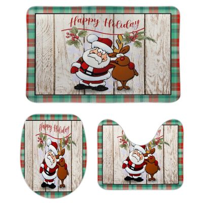 3 Pieces Happy Christmas Santa Tartan Plaid Holiday Festive Barn Wood Bathroom Rug Set Soft Foam Non Slip Bath Mats Sets Toilet Contour Mat Lid Cover for Bathtub Shower and Bathroom Decor 20"x30"