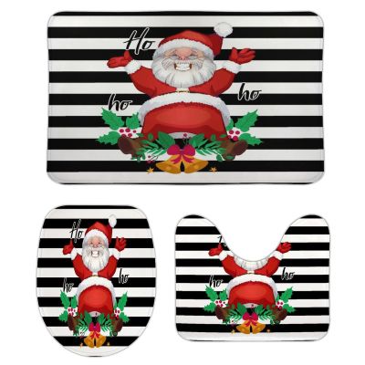3 Pieces Christmas Santa with Gift Ho Ho Black and White Stripe Pattern Bathroom Rug Set Soft Foam Non Slip Bath Mats Sets Toilet Contour Mat Lid Cover for Bathtub Shower and Bathroom Decor 20"x30"