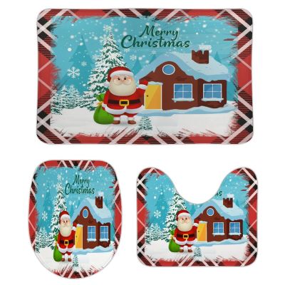 3 Pieces Happy Christmas Santa Claus Holiday Buffalo Plaid Pattern Bathroom Rug Set Soft Foam Non Slip Bath Mats Sets Toilet Contour Mat Lid Cover for Bathtub Shower and Bathroom Decor 20"x32"
