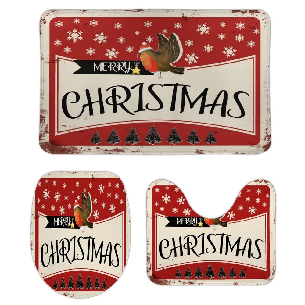 3 Pieces Merry Christmas Snowflakes Xmas Bird Tree Bathroom Rug Set Soft Foam Non Slip Bath Mats Sets Toilet Contour Mat Lid Cover for Bathtub Shower and Bathroom Decor 20"x32"