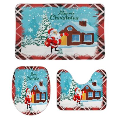 3 Pieces Happy Christmas Santa Claus Holiday Buffalo Plaid Pattern Bathroom Rug Set Soft Foam Non Slip Bath Mats Sets Toilet Contour Mat Lid Cover for Bathtub Shower and Bathroom Decor 20"x32"