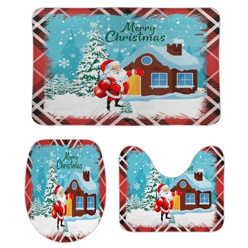 3 Pieces Happy Christmas Santa Claus Holiday Buffalo Plaid Pattern Bathroom Rug Set Soft Foam Non Slip Bath Mats Sets Toilet Contour Mat Lid Cover for Bathtub Shower and Bathroom Decor 20"x32"