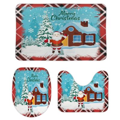 3 Pieces Happy Christmas Santa Claus Holiday Buffalo Plaid Pattern Bathroom Rug Set Soft Foam Non Slip Bath Mats Sets Toilet Contour Mat Lid Cover for Bathtub Shower and Bathroom Decor 20"x32"