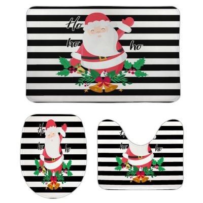 3 Pieces Christmas Santa with Gift Ho Ho Black and White Stripe Pattern Bathroom Rug Set Soft Foam Non Slip Bath Mats Sets Toilet Contour Mat Lid Cover for Bathtub Shower and Bathroom Decor 20"x32"