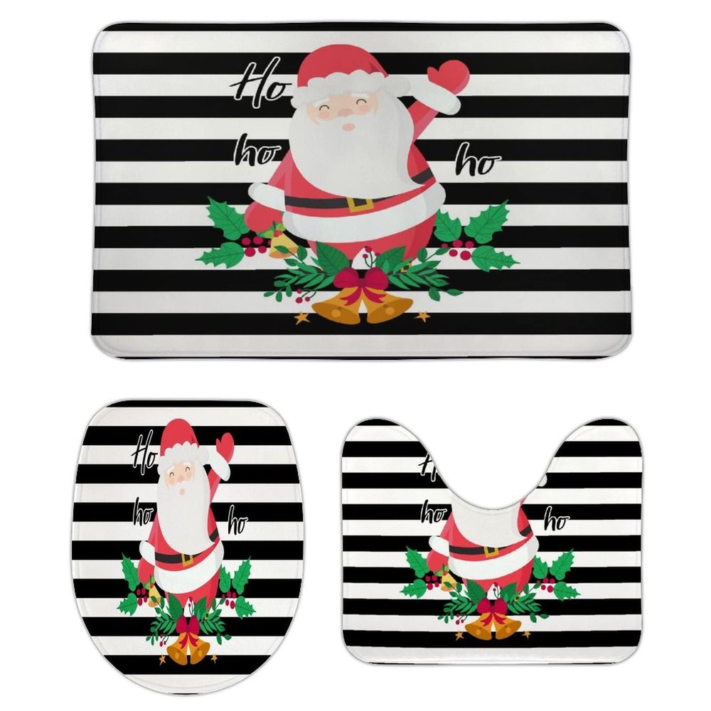 3 Pieces Christmas Santa with Gift Ho Ho Black and White Stripe Pattern Bathroom Rug Set Soft Foam Non Slip Bath Mats Sets Toilet Contour Mat Lid Cover for Bathtub Shower and Bathroom Decor 20"x32"