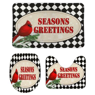 3 Pieces Christmas Season's Greetings Red Bird Black and White Check Bathroom Rug Set Soft Foam Non Slip Bath Mats Sets Toilet Contour Mat Lid Cover for Bathtub Shower and Bathroom Decor 20"x32"