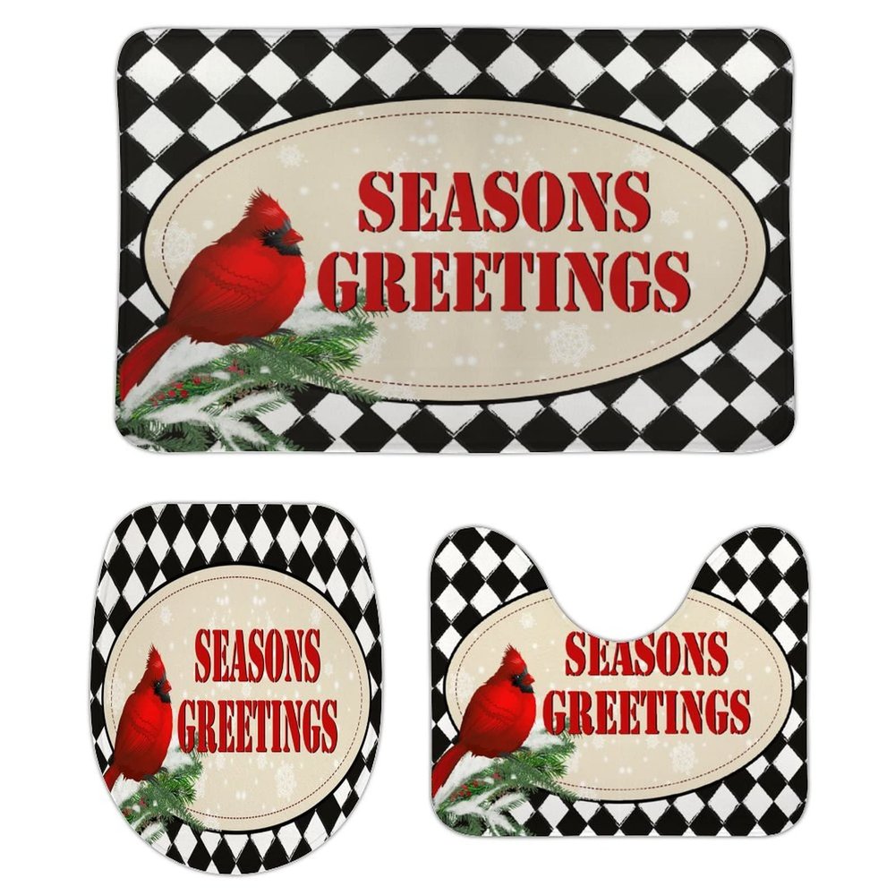 3 Pieces Christmas Season's Greetings Red Bird Black and White Check Bathroom Rug Set Soft Foam Non Slip Bath Mats Sets Toilet Contour Mat Lid Cover for Bathtub Shower and Bathroom Decor 20"x32"