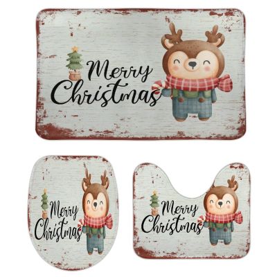 3 Pieces Winter Christmas Holiday Deer Bathroom Rug Set Soft Foam Non Slip Bath Mats Sets Toilet Contour Mat Lid Cover for Bathtub Shower and Bathroom Decor 20"x32"