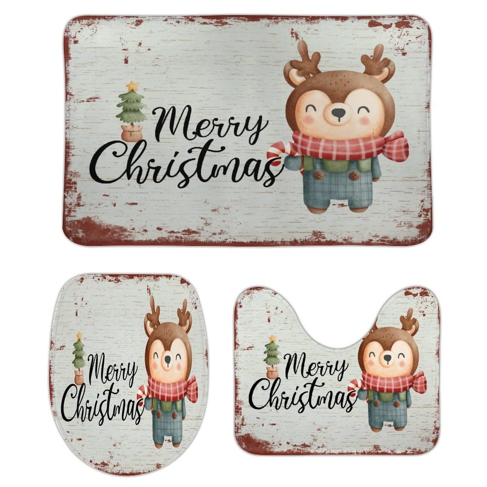 3 Pieces Winter Christmas Holiday Deer Bathroom Rug Set Soft Foam Non Slip Bath Mats Sets Toilet Contour Mat Lid Cover for Bathtub Shower and Bathroom Decor 20"x32"