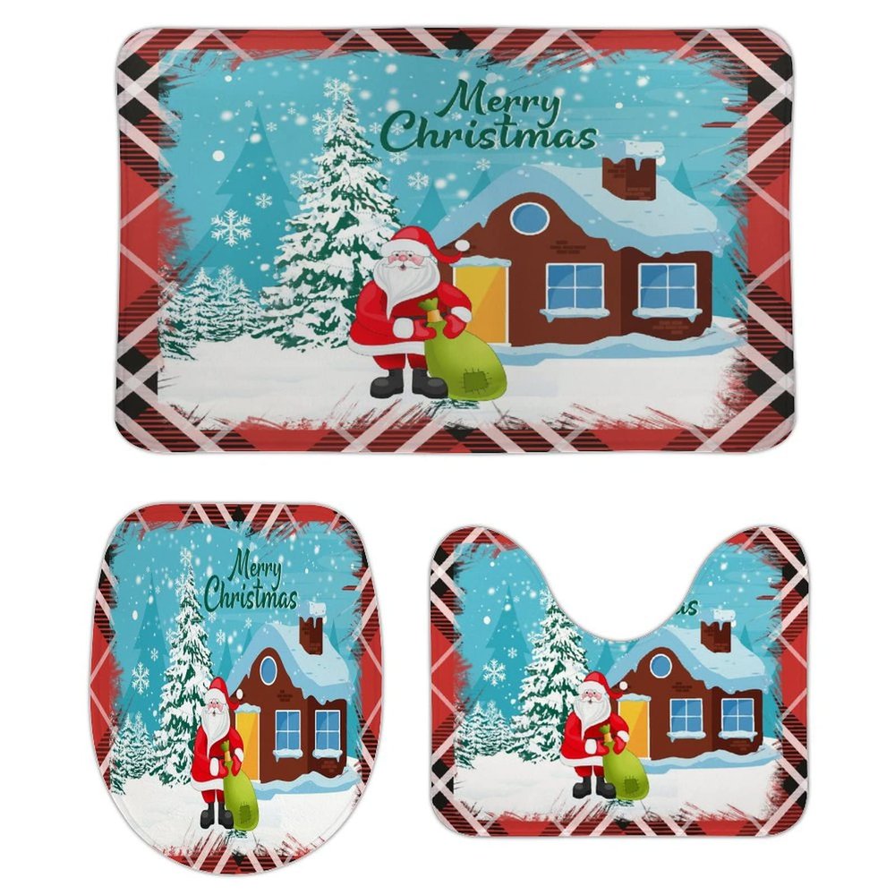 3 Pieces Happy Christmas Santa Claus Holiday Buffalo Plaid Pattern Bathroom Rug Set Soft Foam Non Slip Bath Mats Sets Toilet Contour Mat Lid Cover for Bathtub Shower and Bathroom Decor 20"x30"