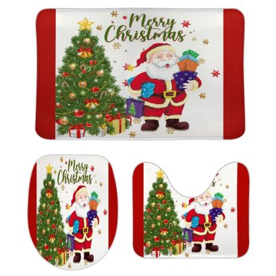 3 Pieces Christmas Santa Claus Snowflake Tree Red Bathroom Rug Set Soft Foam Non Slip Bath Mats Sets Toilet Contour Mat Lid Cover for Bathtub Shower and Bathroom Decor 20"x30"