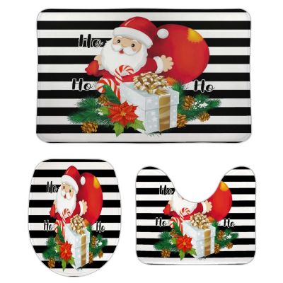 3 Pieces Christmas Santa with Gift Ho Ho Black and White Stripe Pattern Bathroom Rug Set Soft Foam Non Slip Bath Mats Sets Toilet Contour Mat Lid Cover for Bathtub Shower and Bathroom Decor 20"x32"