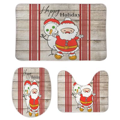 3 Pieces Happy Christmas Holiday Santa Claus Rustic Wood Background Red Bathroom Rug Set Soft Foam Non Slip Bath Mats Sets Toilet Contour Mat Lid Cover for Bathtub Shower and Bathroom Decor 20"x32"
