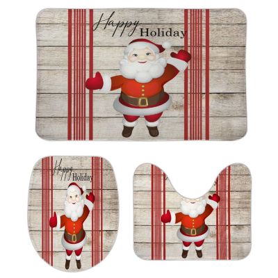 3 Pieces Happy Christmas Holiday Santa Claus Rustic Wood Background Red Bathroom Rug Set Soft Foam Non Slip Bath Mats Sets Toilet Contour Mat Lid Cover for Bathtub Shower and Bathroom Decor 20"x30"